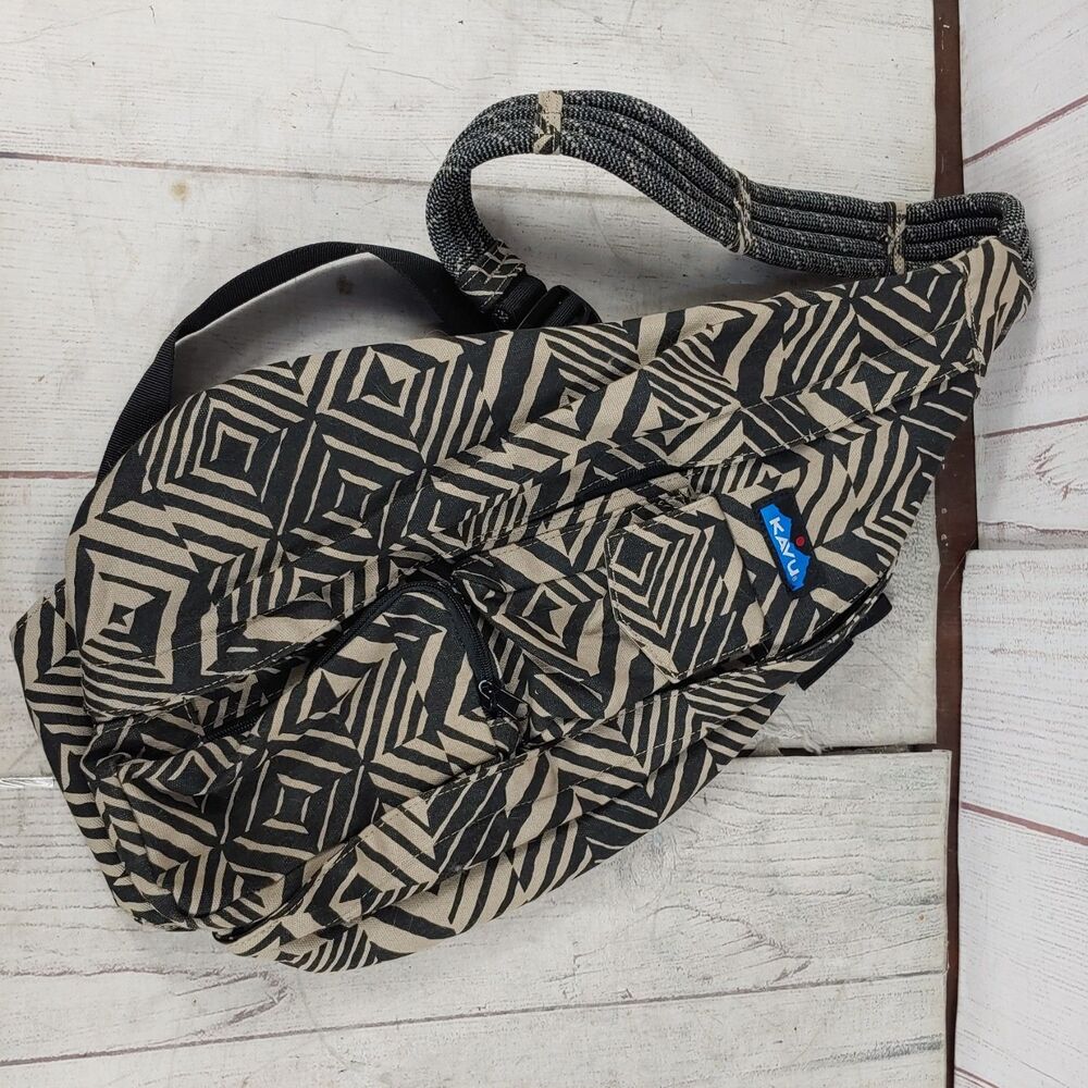 Kavu Crossbody Backpack Unisex Geometric Sling Rope Bag Canvas Beige Black USED